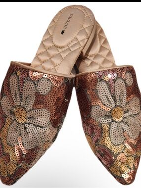 Birdies The Dove Pink Petal Floral Sequin Pointed Toe Mules Flats in Size 9 NWOB